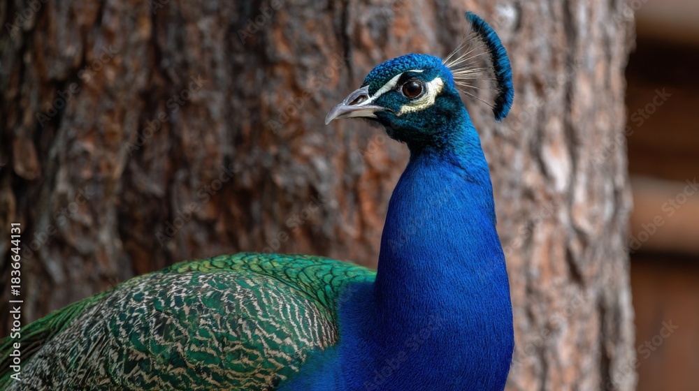 Fototapeta premium Head and iridescent blue neck of an elegant peacock with crest. Beautiful wild bird. Majestic animal portrait. Wildlife concept. Male peacocks close up.