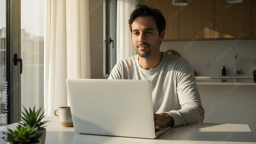Fototapeta premium A man focused on his laptop while working in a bright, modern home setting with natural light.