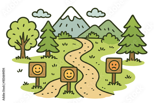 Joyful Nature Pathways. Adorable doodle scene of cheerful nature trails marked with happy icons for easy, moderate, and