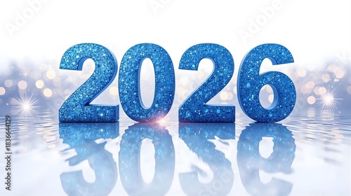 new year 2026 Sparkling Blue Numbers on Reflective Surface with Glowing Lights and Bokeh Background 