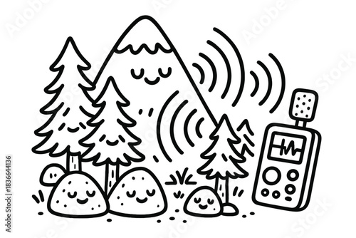 Echoing Nature Doodles. Playful doodle vector of mountain scene where smiling rocks and trees echo sound waves back to recording