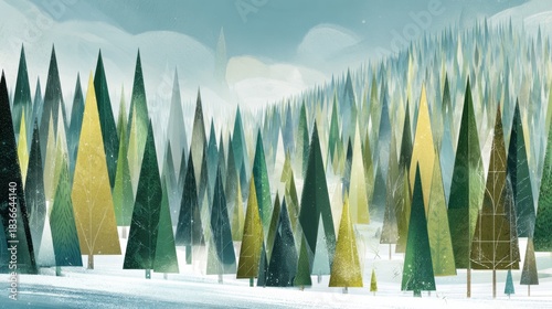 Abstract Christmas Trees Made of Triangles Fill a Winter Forest Scene in a Snowy Landscape Showing Different Sizes and Shapes of Trees During Winter