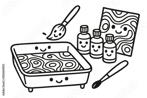 Marbling Magic Doodle. Doodle-style vector of traditional marbling setup—tray, pigments, brush, and paper—all with cute faces