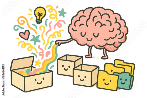 Brain Unloading Ideas. Playful doodle vector of brain unloading colorful ideas into cute labeled boxes and happy folders, No text,