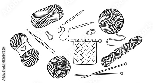 big vector set, needlework, knitting accessories, skeins of yarn, knitting needles, hook, markers, simple black and white icons, doodle and sketch style