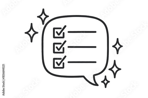 Checklist Doodle Clarity. Friendly doodle checklist speech bubble surrounded by sparkles of communication and clarity, No text, No