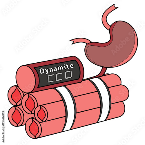 Digestive Dynamite cartoon concept for aggressive heartburn or upset stomach remedy, great for commercial use in advertising and wellness