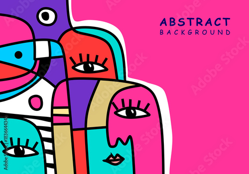 Abstract modern cubism illustration featuring colorful human faces
