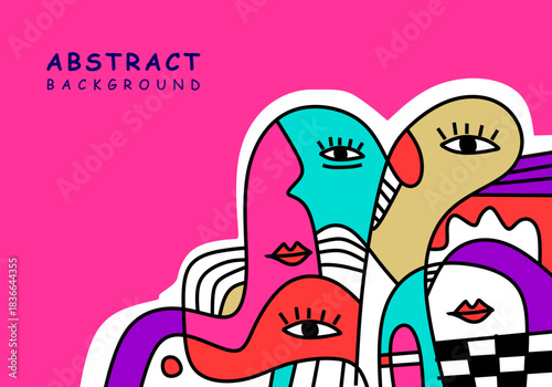 Abstract modern cubism illustration featuring colorful human faces