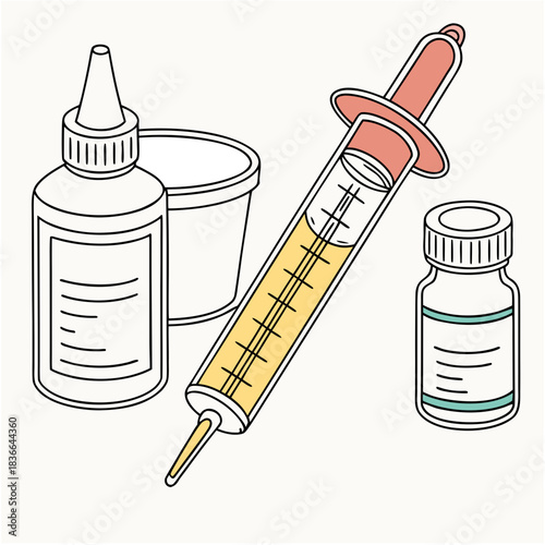 Medical treatment essentials syringe and medicine bottle for health and wellness product promotion or care campaign marketing