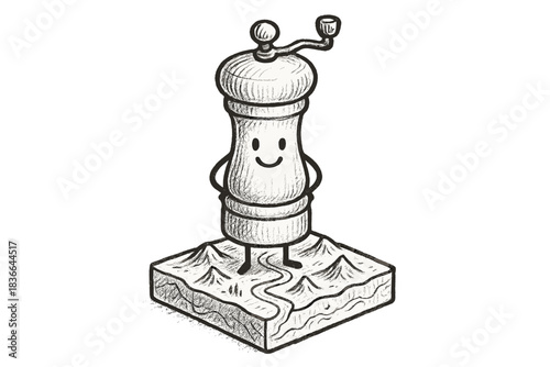 Doodle Grinder on Map. Friendly doodle grinder standing on a mini terrain map, tiny mountains and rivers etched along its sides,