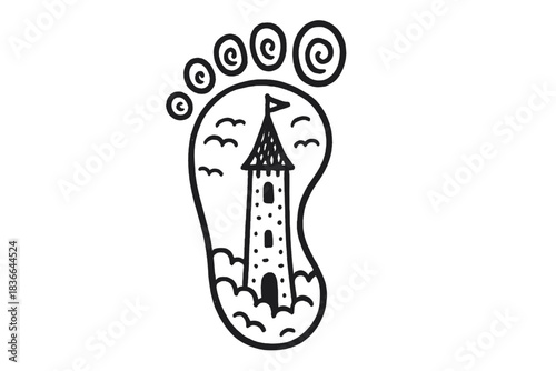 Footprint with Landmark. Whimsical doodle footprint with a tiny landmark nestled inside—like a tower or tree—symbolizing personal