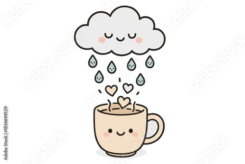 Happy Cloud Rain. Cute doodle cloud gently raining into a waiting mug, tiny smiling droplets turning into steam hearts, No text,