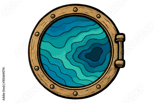 Oceanic Trench View. Friendly doodle porthole window showing layered trench maps glowing with ocean blues and greens, No text, No
