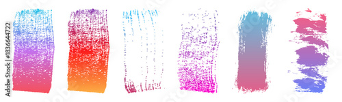 Set of grunge rolled ink stamp textures handmade with brayer. Letterpress vintage rough rectangle vertical backgrounds. Linocut relief printing shapes vector illustration isolated on yellow background