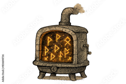 Runic Ember Furnace. Charming doodle furnace filled with embers shaped like runic sigils, each one glowing with mysterious life,