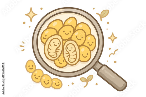 Smiling Larvae Close-up. A magnifying glass hovering over insect eggs, with happy micro details, smiling larvae outlines, and soft