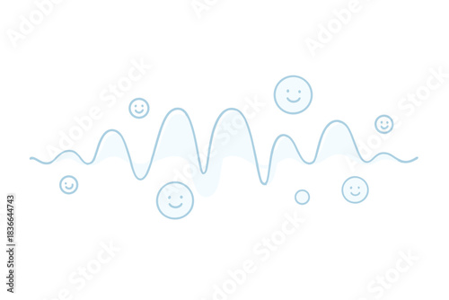 Smiling Soundwave Flow. A crystal-clear soundwave made of translucent arcs and smiling bubbles, gently flowing across the scene,