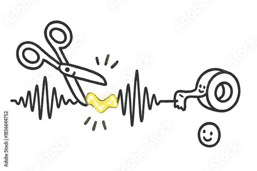 Playful Sound Manipulation. A doodle-style waveform being cut and spliced with smiling scissors and tape, glowing sound fragments