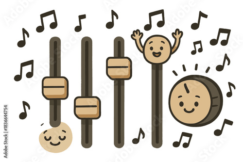 Expressive Music Controls. A set of sliders and knobs with expressive faces adjusting rhythm and tone together, surrounded by