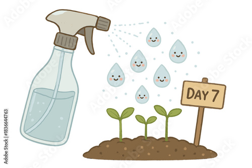 Smiling Mist Over Seedlings. A spray bottle misting water over a “day 7” marker, droplets with smiling faces falling gently on