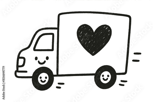 Cheerful Delivery Truck. A cheerful delivery truck with a heart on its side, smiling wheels and tiny motion lines, friendly doodle
