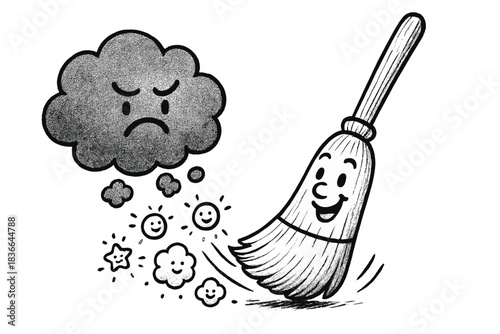 Sweeping Away Negativity. A cheerful broom sweeping away a clouded thought bubble, tiny doodle dust particles flying with smiling