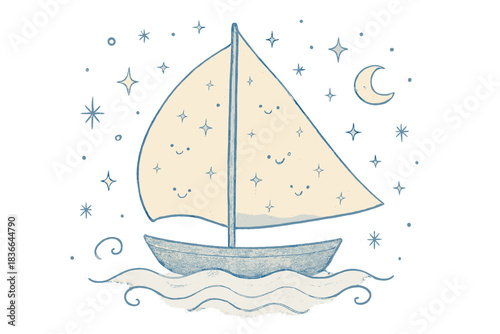 Whimsical Cosmic Sail. A sail gently billowing with tiny smiling sparkles representing absolute silence, soft doodle waves around,