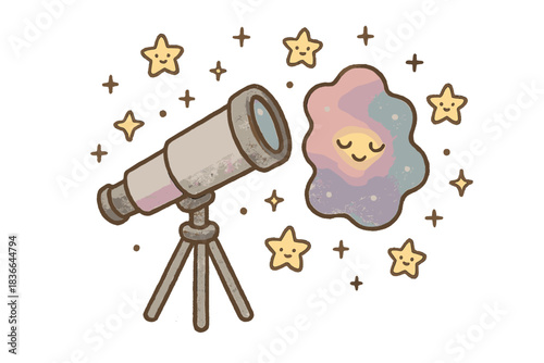 Cosmic Telescope View. A telescope observing a quiet nebula, tiny doodle stars twinkling and smiling around, simplified cosmic