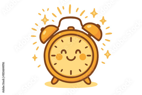 Sunburst Smiling Alarm. An alarm clock with a sunburst alarm, smiling face on the clock, tiny animated rays and sparkles, rounded