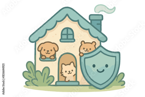 Playful House with Pets. A playful house with a shield and tiny happy pets peeking out, cozy rounded doodle style, soft blue and