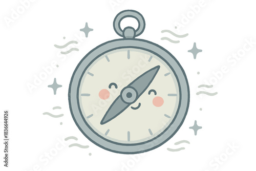 Cheerful Compass Illustration. A cheerful compass pointing toward the center of silence, tiny sparkles and soft waves around, cozy