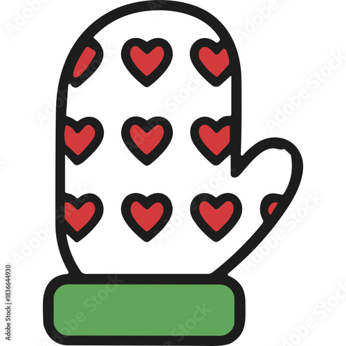 A White Oven Mitt With A Repeating Pattern Of Red Hearts And A Green Cuff Detailed Graphic Illustration Isolated On A Black Background