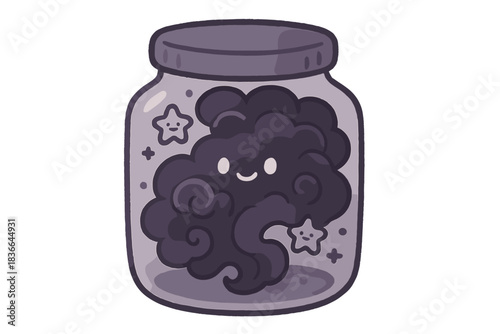 Swirling Nightmare Jar. A playful jar of swirling nightmare cloud, tiny smiling sparkles floating, soft rounded doodle style, dark