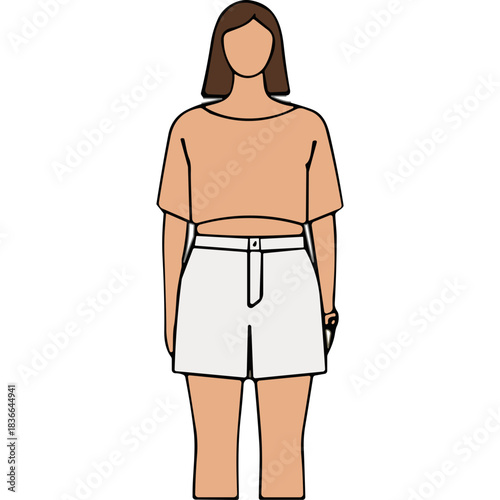 A Woman Stands Facing Forward Wearing a Tan Crop Top and White High Waisted Shorts on a Black Background