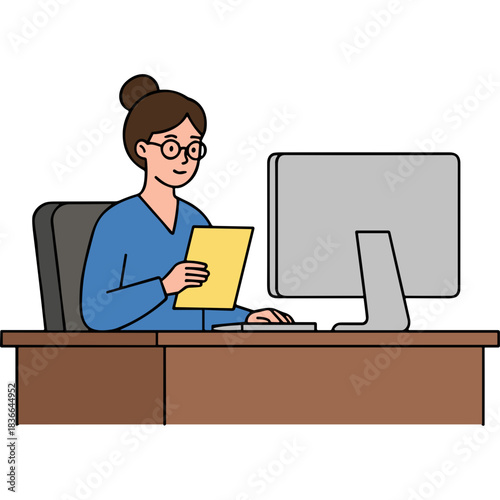 A Woman with Glasses and a Blue Shirt Sits at a Desk Working on a Computer Holding a Yellow Document and Smiling