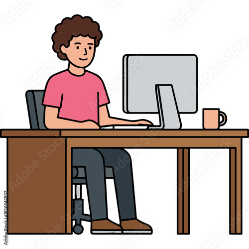 A Young Man With Curly Brown Hair Wearing A Pink T Shirt And Dark Blue Jeans Sits At A Wooden Desk Working On A Desktop Computer And Holding A Computer Mouse With A Coffee Cup On The Right Side