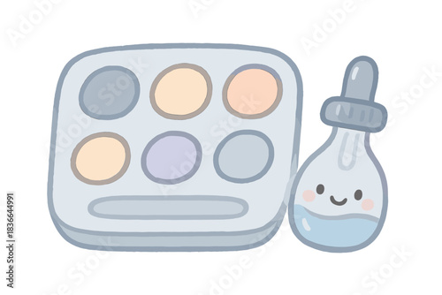 Smiling Dropper Palette. A playful wet palette with a tiny smiling dropper, soft rounded doodle style, pastel blue and gray