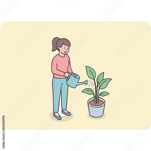 A Young Woman With Brown Ponytail In Pink Long Sleeve Shirt And Blue Pants Watering A Green Potted Plant With A Blue Watering Can In A Light Yellow Room.