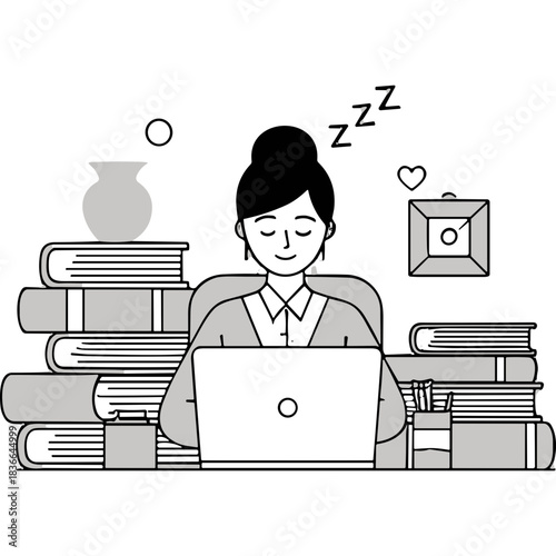 A Young Woman Studying Typing on a Laptop Surrounded by Stacks of Books with Pens and a Vase on a Desk