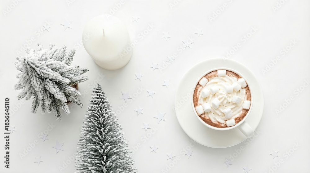 Fototapeta premium White hot chocolate in mug topped with marshmallows beside lit candle. Mini snow-covered fir trees and sparkling stars on frosty surface. Cozy winter holiday concept for festive season decorations
