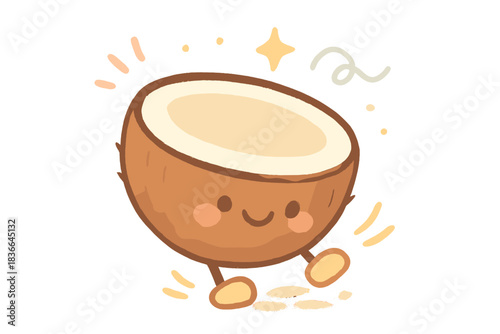Whimsical Coconut Soundscape. A smiling coconut half producing playful "horse hooves on cobblestone" sounds, tiny sparkles and