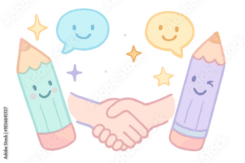 Friendly Doodle Scene. A doodle scene with friendly handshakes, winking pencils, and smiling speech bubbles, soft magical colors,