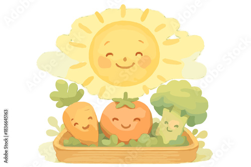 Radiant Sun and Vegetables. A radiant sun with cheerful face shining over a harvesting tray and happy vegetables, soft harmonious
