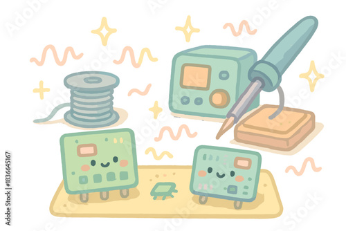Cheerful Mini Electronics. A miniature electronics workspace with cheerful circuit boards, soldering irons, and tiny glowing