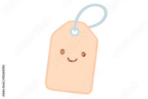 Sensory-Friendly Happy Tag. A friendly "sensory-friendly" tag with a happy expression, representing no tags, cozy pastel doodle
