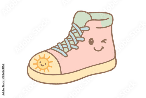 Winking Sneaker Art. A friendly sneaker with a winking face and sunburst on the toe, cozy pastel doodle colors, No text, No labels