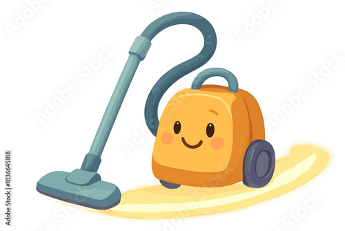 Happy Vacuum Cleaner. A playful vacuum cleaner with a happy face leaving a glowing "clean streak" trail, gentle friendly colors,