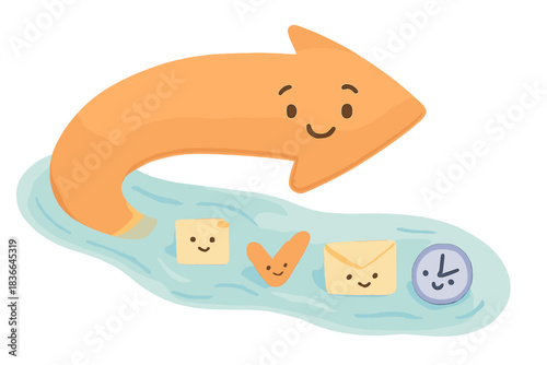 Happy Arrow Helper. A playful "daily current" arrow with a happy face guiding tiny tasks along a stream, gentle friendly colors,