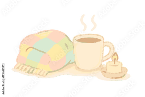 Cozy Miniature Scene. A miniature cozy scene with cheerful blanket, warm drink, and candle, soft pastel doodle style, No text, No